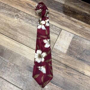 Stringbeans Mens Burgundy Floral Hibiscus Tropical Polyester Necktie USA Made